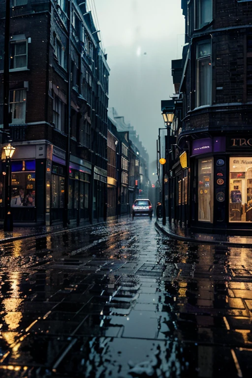 a rainy night in london, city street, wet cobblestone road, neon lights reflecting in puddles, old brick buildings, tall lampposts, rain falling, blue and purple color tones, cinematic atmosphere, realistic, photorealistic, extremely detailed, 8k, masterpiece