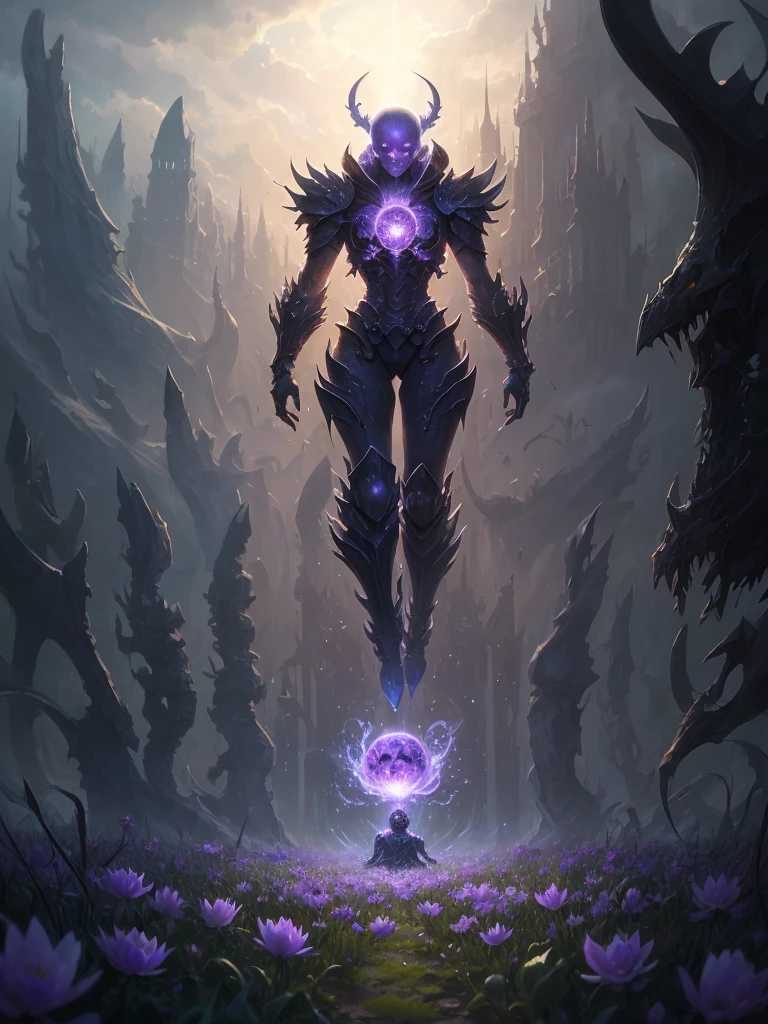 purple flower in a field of dead grass with a skull in the background, concept art by Chris Rahn, deviantart, conceptual art, black lotus, dark flower shaman, alien flower, lolth, waterlily mecha nymphaea, lotus, 🌺 cgsociety, obsidian pomegranade, aura of power. detailed, alien flora, purple glowing core in armor