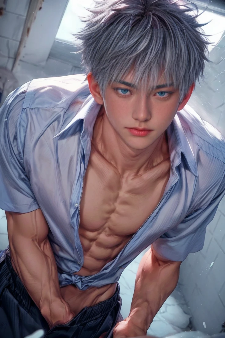 1boy, adult, handsome, perfect face, detailed eyes and face, clean shaved, muscular, capturing a rural atmosphere, dynamic lighting, unreal engine 5, hd picture, satoru gojo, white hair, short hair ,hair between eyes ,blue eyes, white skin, pink nipple, milk nipple details