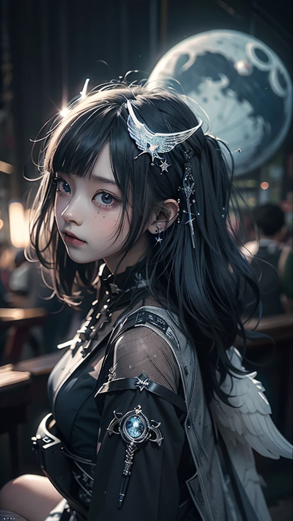 RAW Photos, Realistic, Ultra-realistic, RAW Photos, Realistic, celestial 16-year-old angel girl, large transparent glowing blue glass wings, spreading wide, simple dress, floating in the night sky, beautiful stars and moon, bright blue city lights below, looking up, viewed from above, all elements glowing blue, world-class illustration, award-winning, fantasy illustration, vivid hues, detailed and soft lighting, Highest quality, masterpiece, Ultra-high resolution, 8K, Highest quality, masterpiece, Ultra-high resolution, 8K