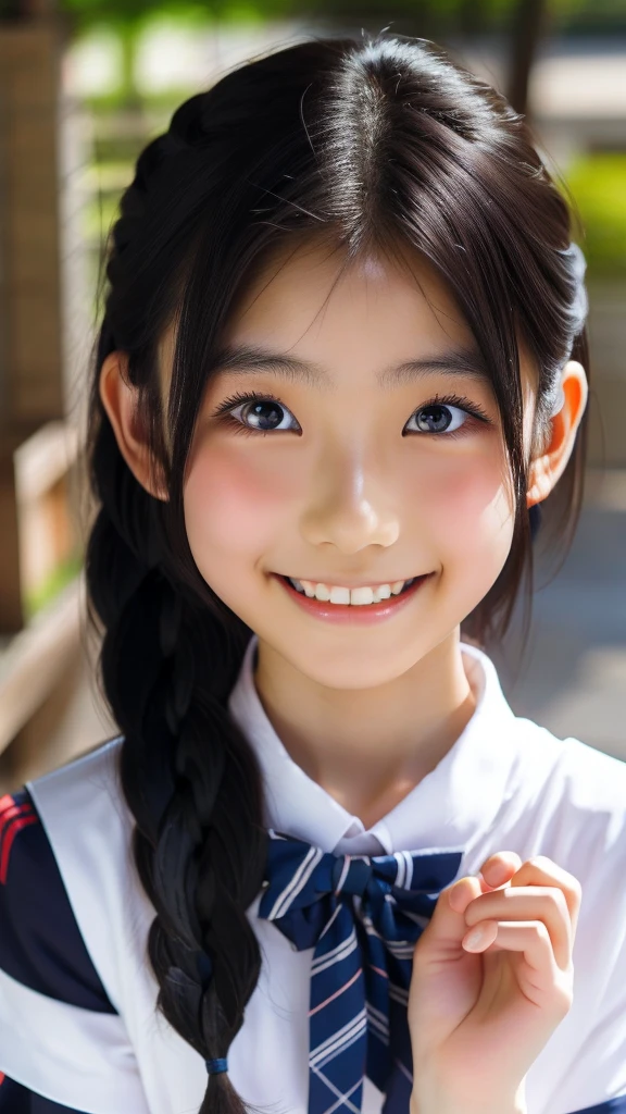 Beautiful 18 year old Japanese woman), Cute Face, (Deeply chiseled face:0.7), (freckles:0.6), Soft Light,Healthy white skin, shy, (Serious face), (Sparkling eyes), thin, smile, uniform, Braiding