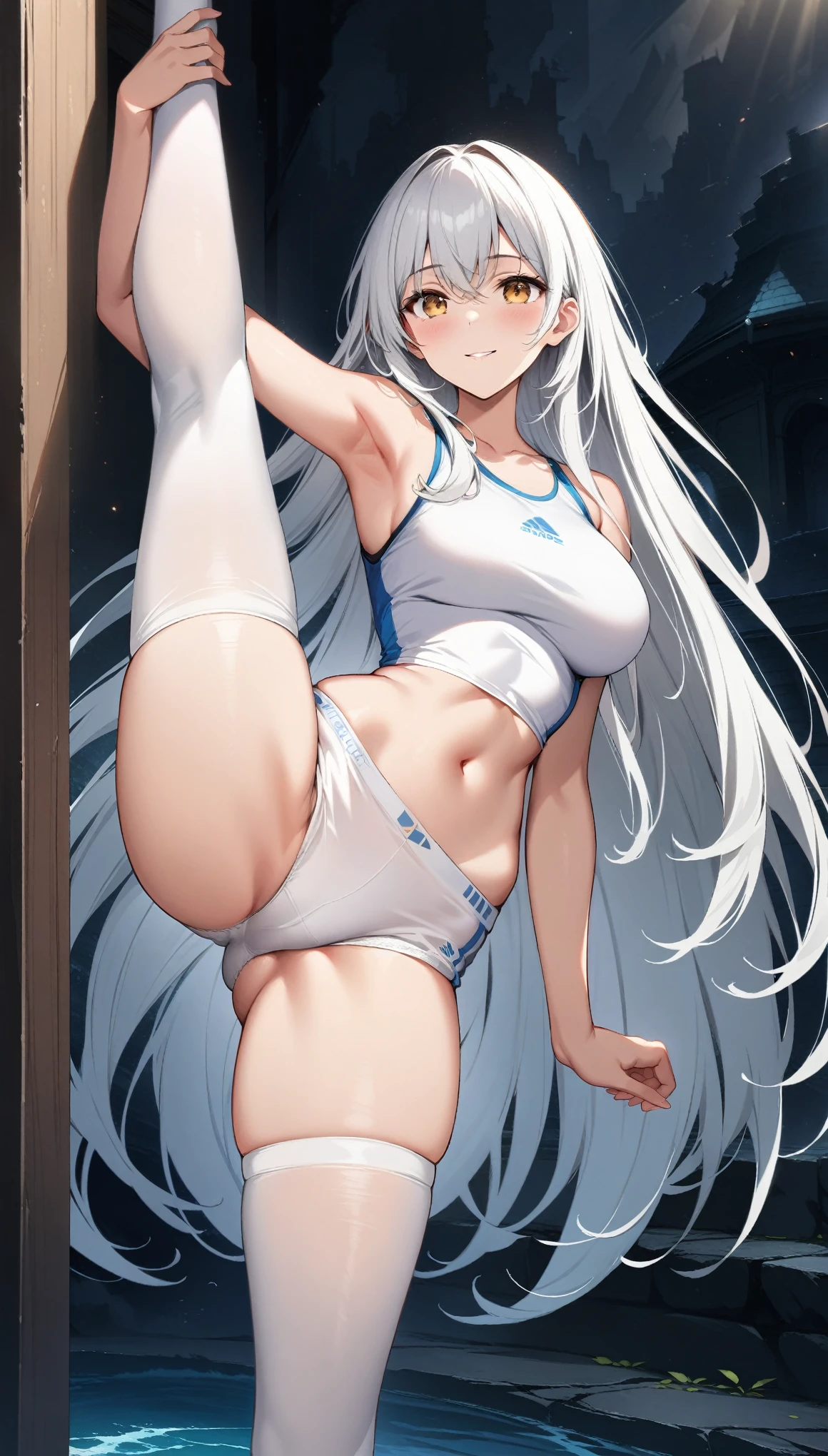 1 girl, , alone,Are standing_Split, Long Hair, Beautiful white hair, White tank top, white leggings, smile, ((32K)), ((best quality)), ((ultra high res)), ((HDR)), ((uhd)), ((extremely detailed CG)), ((unity 32K wallpaper)), ((perfect anatomy)),