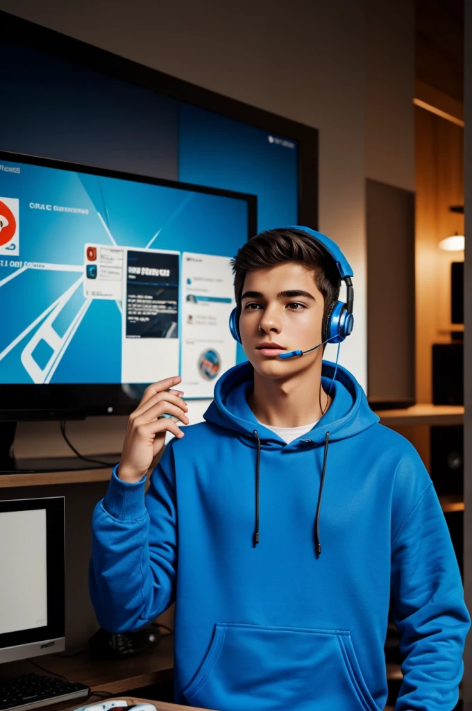 Teen Gamer boy with blue hoodie and headphones with gaming control and pizza's everywhere