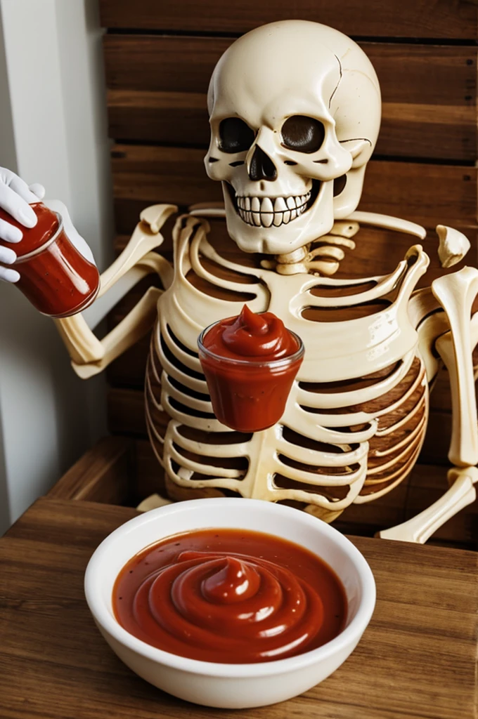 Fat smiling skeleton, who likes ketchup