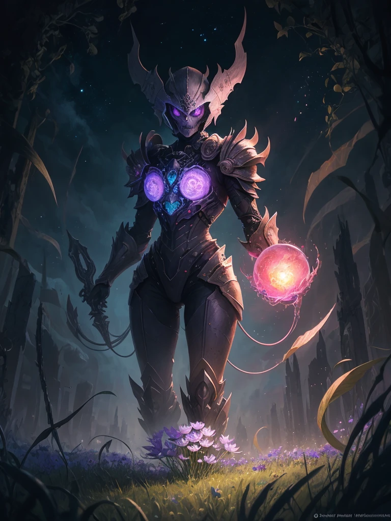 purple flower in a field of dead grass with a skull in the background, concept art by Chris Rahn, deviantart, conceptual art, black lotus, dark flower shaman, alien flower, lolth, waterlily mecha nymphaea, lotus, 🌺 cgsociety, obsidian pomegranade, aura of power. detailed, alien flora, purple glowing core in armor