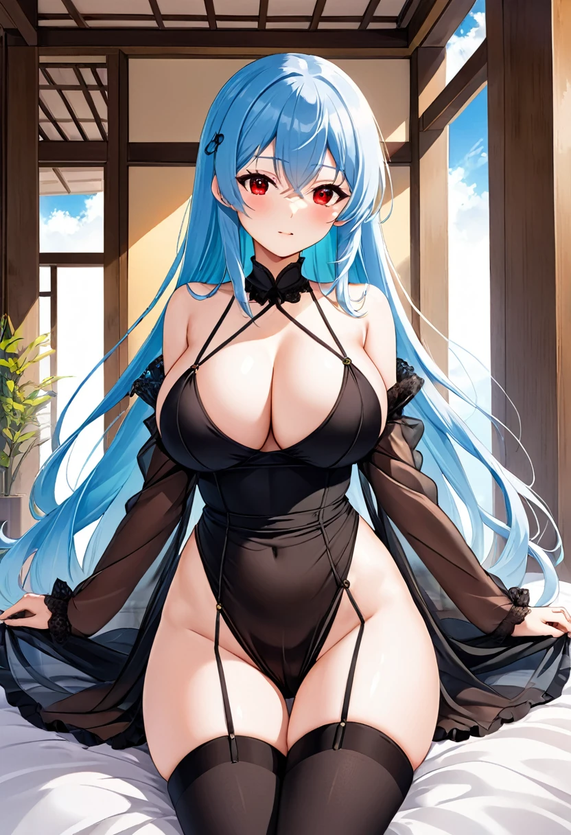 My name is Yukiko.I am a white test woman with long Sky blue hair,red eye color.I am 1.62 cm tall . My breasts measure 200 cm, my waist 40 cm and my hips 200. Dressed in a low-cut and transparent black dress made of organdi fabric. . With big breasts 200 cm