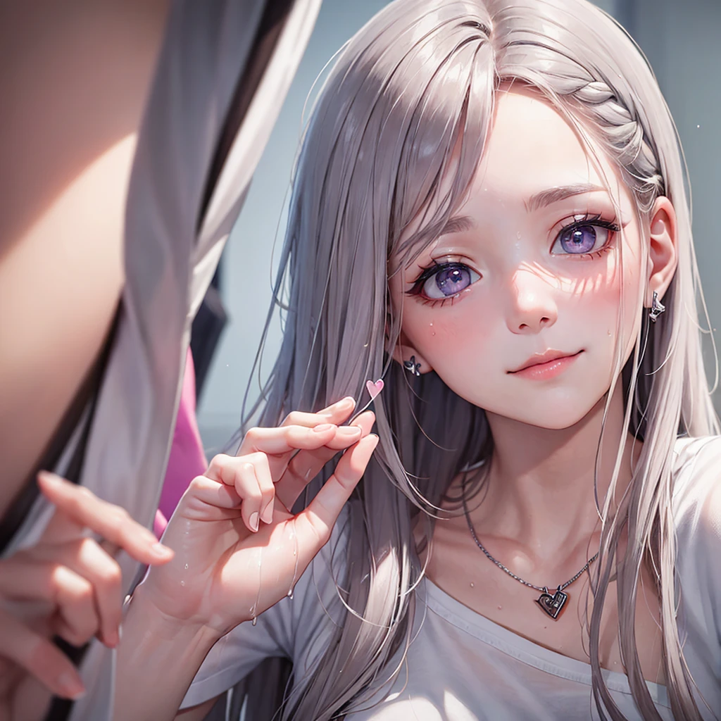 Beauty, High nose, Long eyelashes, 目にLight, Pink Lips, Closed Mouth, pastel colour, purple, Dull pink, Dull Blue, heart, Light, Fluttering Hair, White Skin, Big eyes, Inner color hair, turn around, Get wet, cute, 30 years old, perfume, PRADA, glossy, charm, Real, summer, null, smile, Weather showers, Wolf Hair, Big white t-shirt, Gray Hair,