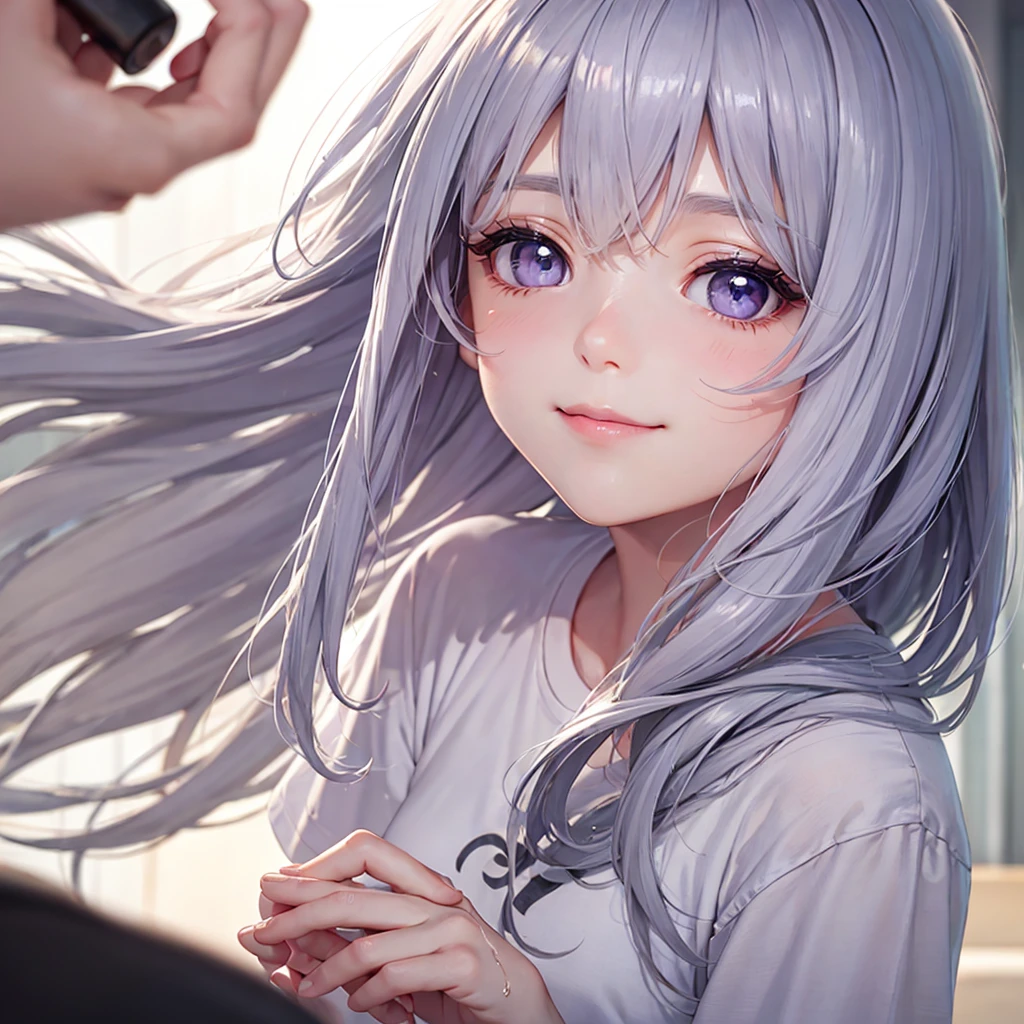 Beauty, High nose, Long eyelashes, 目にLight, Pink Lips, Closed Mouth, pastel colour, purple, Dull pink, Dull Blue, heart, Light, Fluttering Hair, White Skin, Big eyes, Inner color hair, turn around, Get wet, cute, 30 years old, perfume, PRADA, glossy, charm, Real, summer, null, smile, Weather showers, Wolf Hair, Big white t-shirt, Gray Hair,