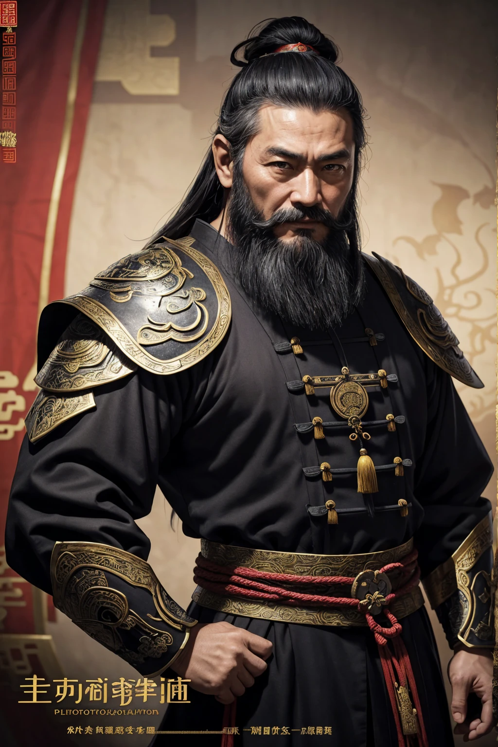 oriental、a adult man wearing ancient Chinese armor、old man with ancient chinese hairstyle、three kingdom、top-quality、​masterpiece、超A high resolution、(Photorealsitic:1.4)、Game Posters、Black clothes、long beard