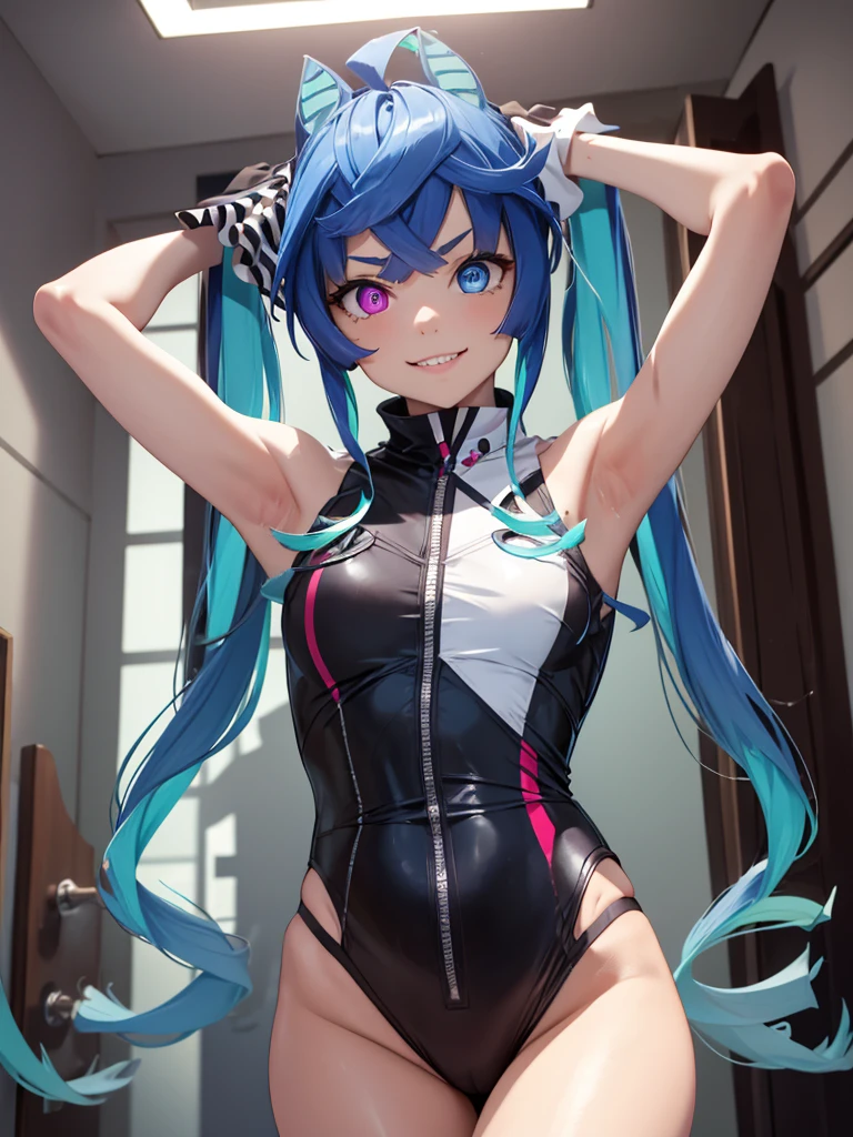 (masterpiece、top-quality、hight resolution、Unity 8k Wallpaper、extremely details CG:1), Create a scene in which a strong and confident woman, a so-called "Miss Miss" type woman, lets the protagonist experience a woman. She smiles and says, "This is a woman's body. You can touch it." and shows it off. The secret takes place in a private room. nsfw, Twin_Turbo_Umamusume, aqua hair, twintails, heterochromia, purple eyes, blue eyes, sharp teeth, nsfw, short stature, small breasts