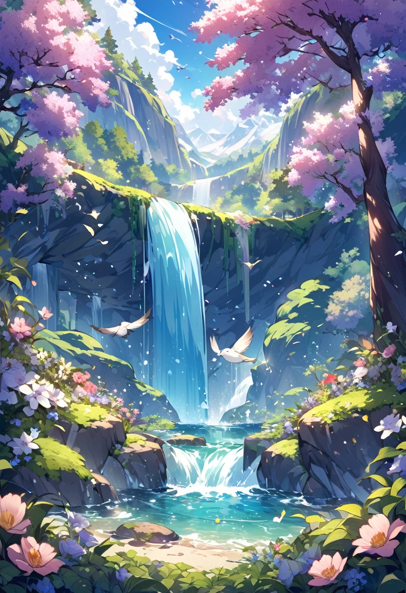 Under the blue sky、A beautiful waterfall surrounded by lush forest。The waterfall sparkles in the sunlight.、Splashes are flying around。Colorful flowers bloom around the waterfall、The chirps of small birds echo through the air.。Mountains in the distance々is a series of、The scenery spreads out, giving a sense of the grandeur of nature.。This place、Filled with tranquility and beauty to soothe the soul。