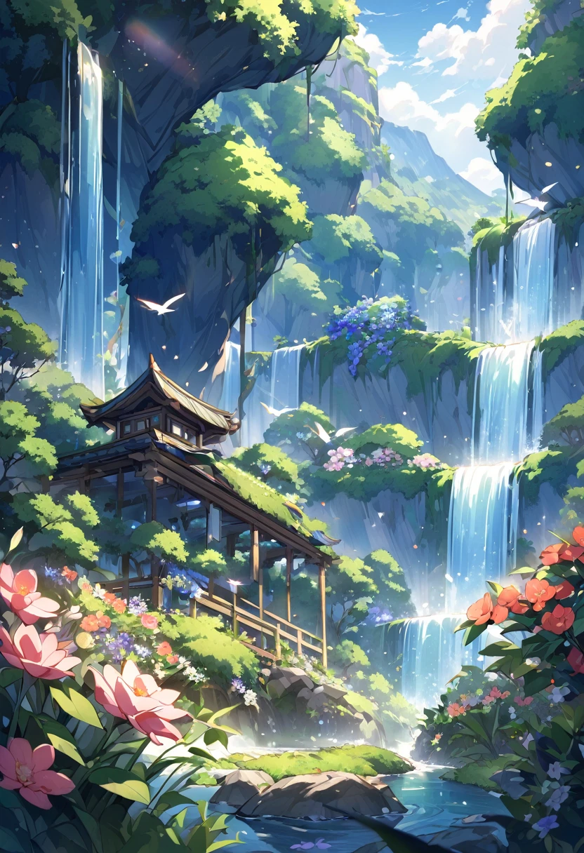 Under the blue sky、A beautiful waterfall surrounded by lush forest。The waterfall sparkles in the sunlight.、Splashes are flying around。Colorful flowers bloom around the waterfall、The chirps of small birds echo through the air.。Mountains in the distance々is a series of、The scenery spreads out, giving a sense of the grandeur of nature.。This place、Filled with tranquility and beauty to soothe the soul。