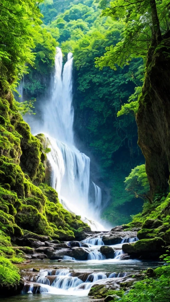 there is a waterfall in the middle of a lush green forest, forest and waterfall, lush and green, waterfall below, with waterfalls, an endless waterfall, water fall, with trees and waterfalls, with a waterfalls, stunning waterfall, peaceful beautiful waterfall, waterfall falling down, beautiful stunning waterfall, waterfall backdrop, mist from waterfall, lush forests, water falls, beautiful waterfall