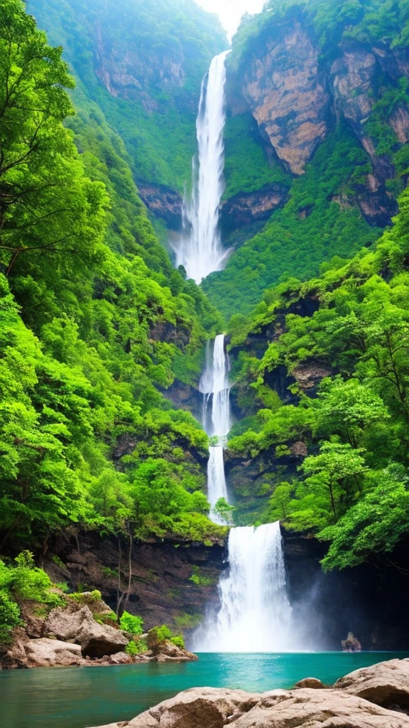 there is a waterfall in the middle of a lush green forest, forest and waterfall, lush and green, waterfall below, with waterfalls, an endless waterfall, water fall, with trees and waterfalls, with a waterfalls, stunning waterfall, peaceful beautiful waterfall, waterfall falling down, beautiful stunning waterfall, waterfall backdrop, mist from waterfall, lush forests, water falls, beautiful waterfall