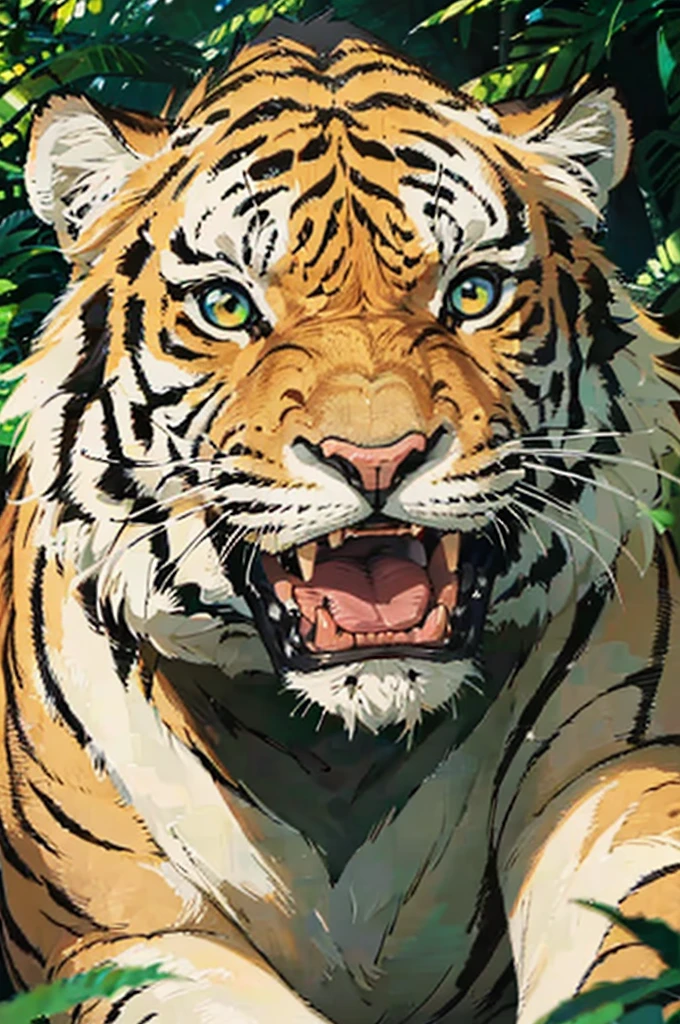 a majestic tiger attacking, tiger full body, anime, cartoon