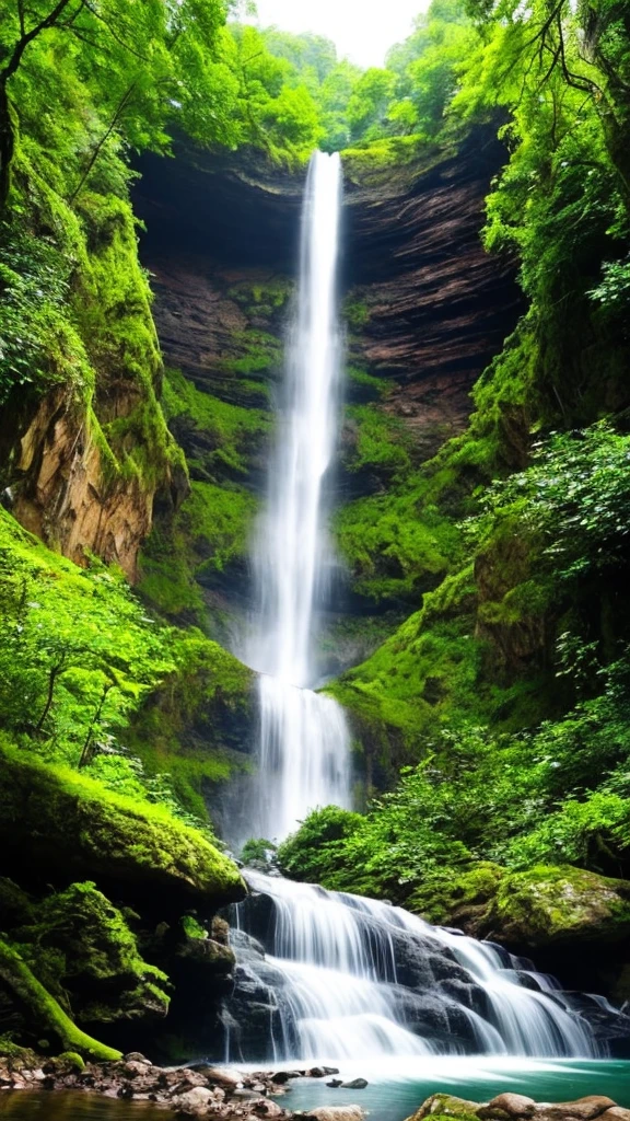 there is a waterfall in the middle of a lush green forest, forest and waterfall, lush and green, waterfall below, with waterfalls, an endless waterfall, water fall, with trees and waterfalls, with a waterfalls, stunning waterfall, peaceful beautiful waterfall, waterfall falling down, beautiful stunning waterfall, waterfall backdrop, mist from waterfall, lush forests, water falls, beautiful waterfall