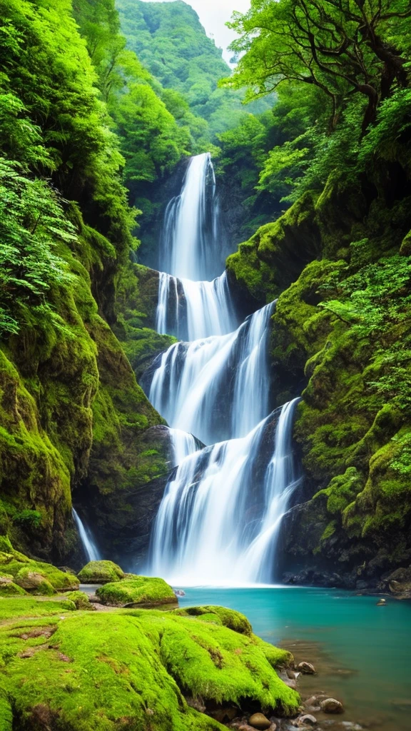 there is a waterfall in the middle of a lush green forest, forest and waterfall, lush and green, waterfall below, with waterfalls, an endless waterfall, water fall, with trees and waterfalls, with a waterfalls, stunning waterfall, peaceful beautiful waterfall, waterfall falling down, beautiful stunning waterfall, waterfall backdrop, mist from waterfall, lush forests, water falls, beautiful waterfall