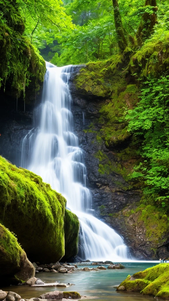 there is a waterfall in the middle of a lush green forest, a portrait by Tadashi Nakayama, shutterstock, renaissance, forest and waterfall, lush and green, waterfall below, with waterfalls, an endless waterfall, water fall, with trees and waterfalls, with a waterfalls, stunning waterfall, peaceful beautiful waterfall, waterfall falling down, beautiful stunning waterfall, waterfall backdrop
