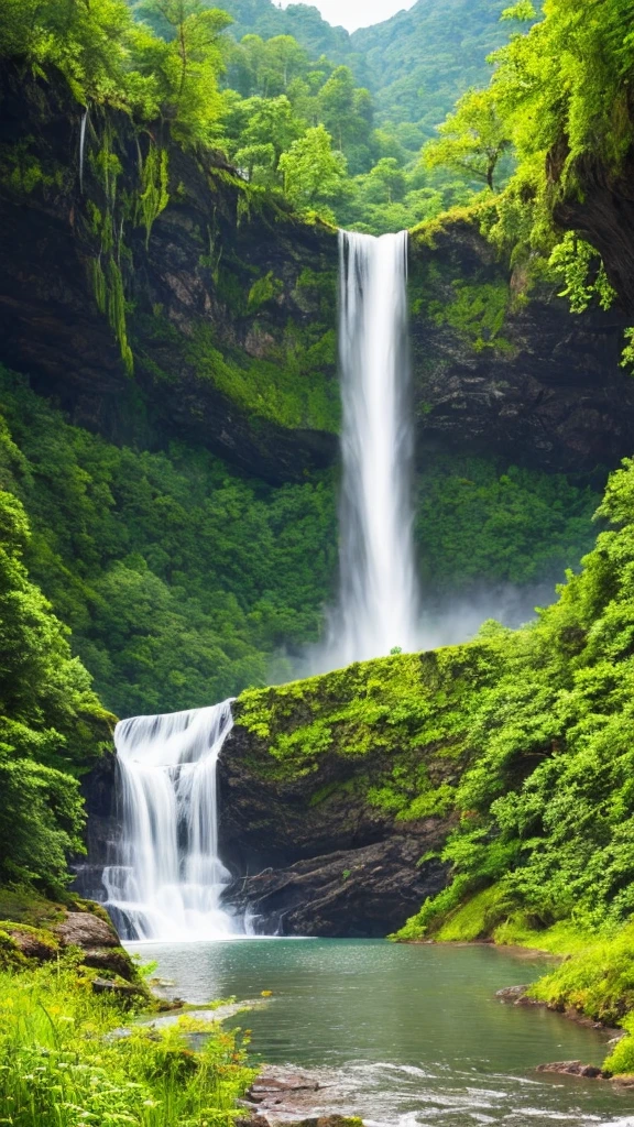 there is a waterfall in the middle of a lush green forest, forest and waterfall, lush and green, waterfall below, with waterfalls, an endless waterfall, water fall, with trees and waterfalls, with a waterfalls, stunning waterfall, peaceful beautiful waterfall, waterfall falling down, beautiful stunning waterfall, waterfall backdrop, mist from waterfall, lush forests, water falls, beautiful waterfall
