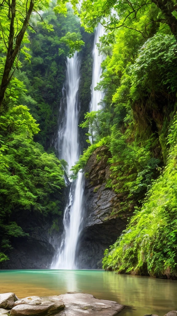 there is a waterfall in the middle of a lush green forest, forest and waterfall, lush and green, waterfall below, with waterfalls, an endless waterfall, water fall, with trees and waterfalls, with a waterfalls, stunning waterfall, peaceful beautiful waterfall, waterfall falling down, beautiful stunning waterfall, waterfall backdrop, mist from waterfall, lush forests, water falls, beautiful waterfall