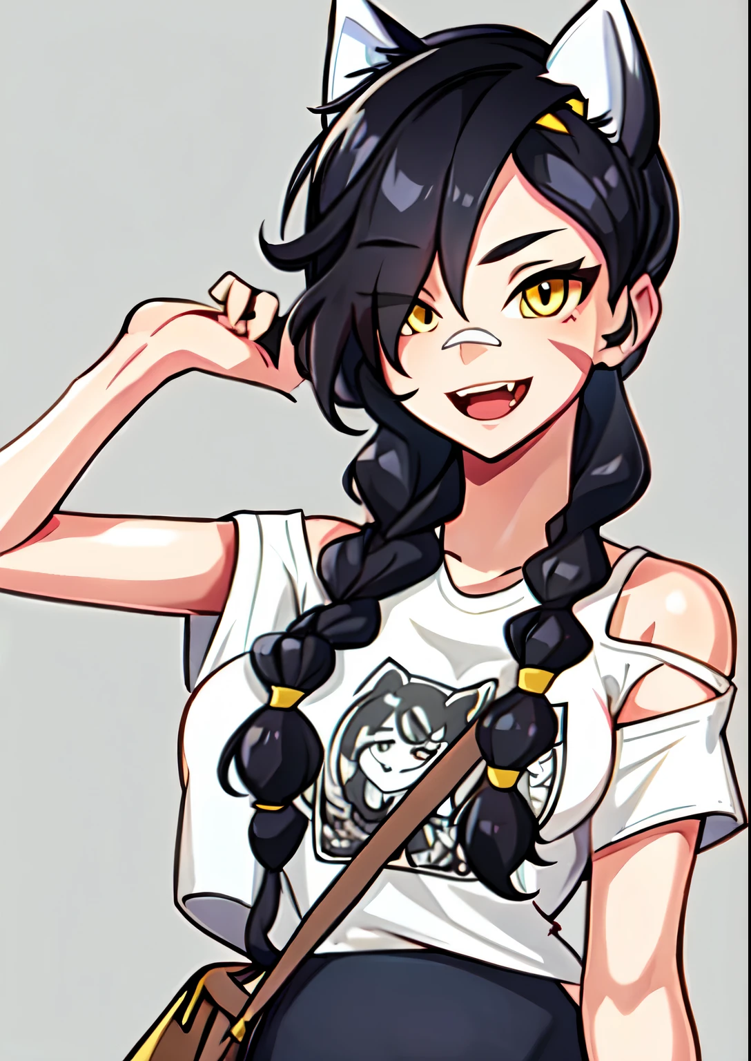 1girl, solo, long hair, looking at viewer, black hair, bandaid on face, yellow eyes, animal ears, smile, bandaid on nose, braid, cat ears, bandaid, bangs, breasts, fake animal ears, simple background, open mouth, fang, , bare shoulders, scar, teeth, shirt, bare shoulders, white shirt, short sleeves, closed mouth, t-shirt, hair over one eye, portrait, bag, hair over shoulder, shorts,