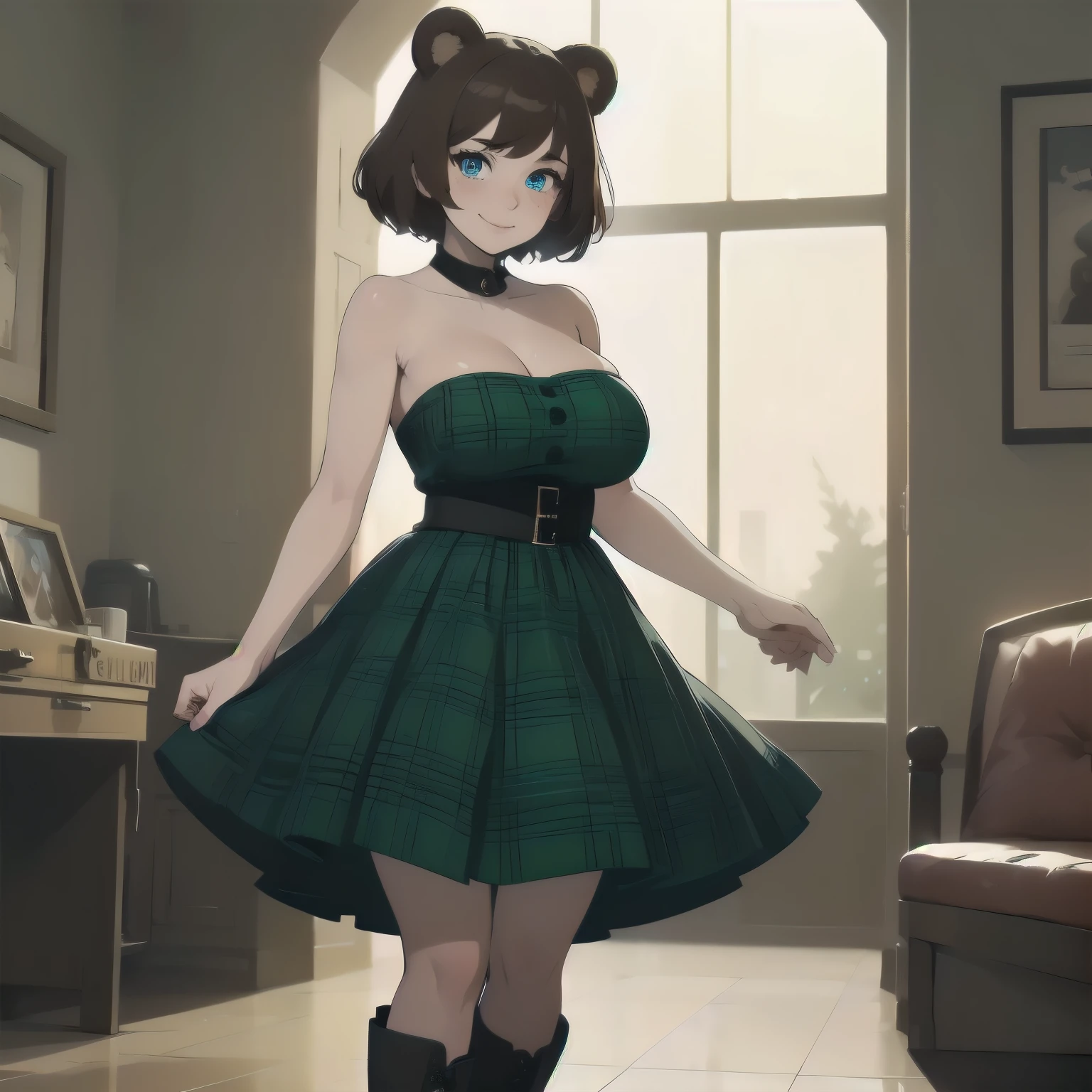 (masterpiece), 1girl, solo, best quality, blue eyes, perfect face, best quality, kemonomimi, bear ears, animal ears, brown hair, short hair, messy_hair, BREAK freckles, huge breasts, hourglass figure, standing, indoors, mall, sleeveless, strapless, plaid dress, green dress, boots, smile, closed mouth, looking at viewer, full body