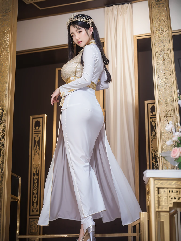 a Vietnamese beauty chubby woman's long-sleeved tunic with ankle-length panels at front and back, (ao dai), solo, worn over trousers, hijab, intricate detail, 36k