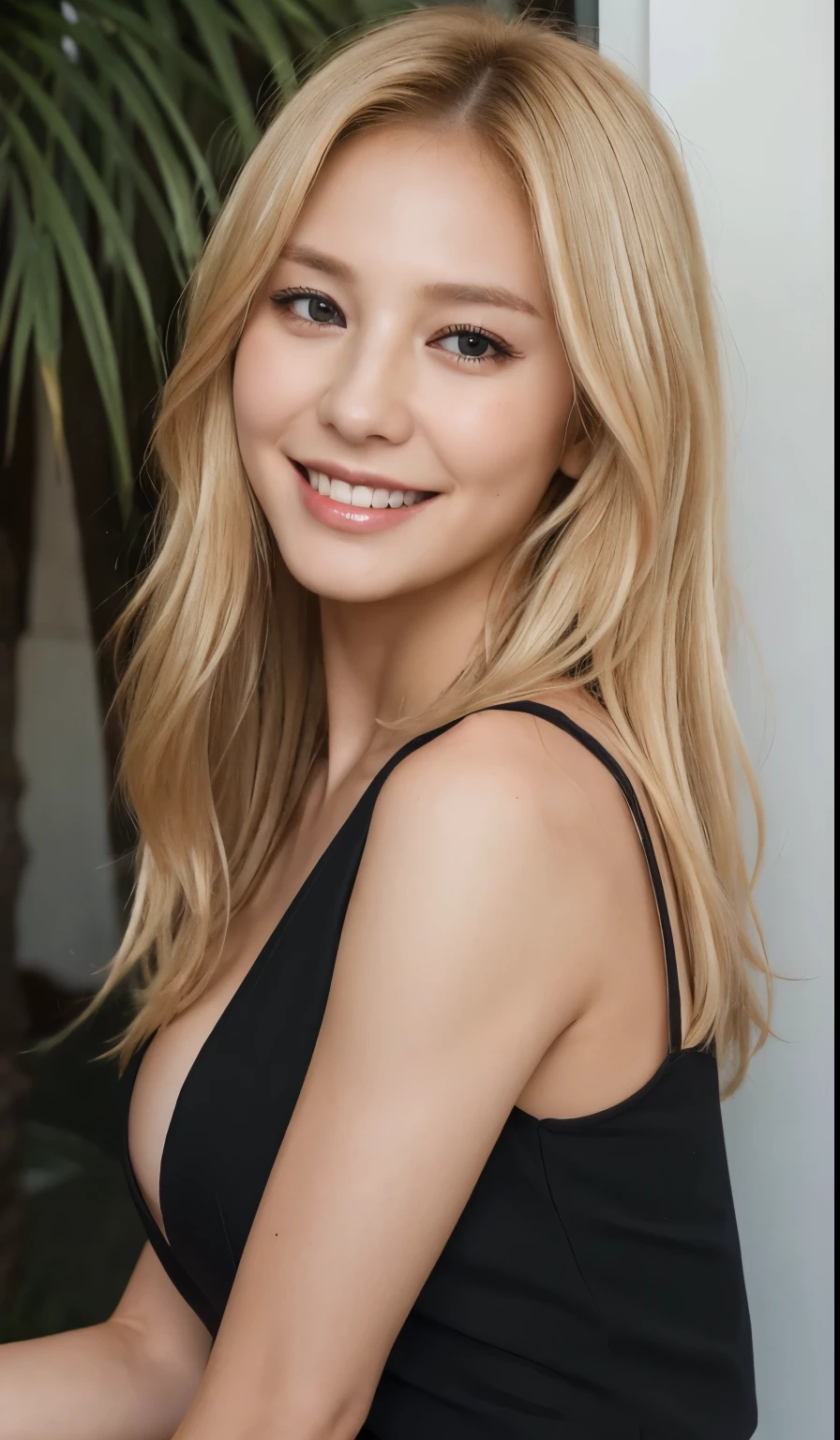 ((best quality, 8k, masterpiece: 1.3)), ((beautiful blonde woman)), smiling woman, big breasts: 1.3, slim figure: 1.1, toned abs, blonde semi-long hair, (outside, black dress), super detailed face, detailed lips, detailed eyes, realistic photo