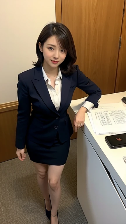 Highest quality、masterpiece、Ultra-high resolution、(Realistic:1.4)、Leaning forward、From above、(((Take a look here)))、I have the documents、Happy expression、Beautiful woman、suit、skirt、High heels、office