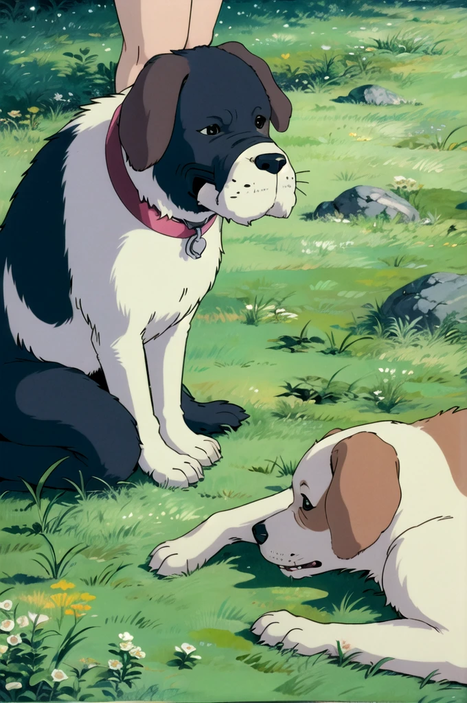 (((ghibli style))),animal，A dog sitting on the grass