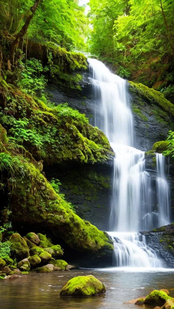 there is a waterfall in the middle of a lush green forest, forest and waterfall, lush and green, waterfall below, with waterfalls, an endless waterfall, water fall, with trees and waterfalls, with a waterfalls, stunning waterfall, peaceful beautiful waterfall, waterfall falling down, beautiful stunning waterfall, waterfall backdrop, mist from waterfall, lush forests, water falls, beautiful waterfall