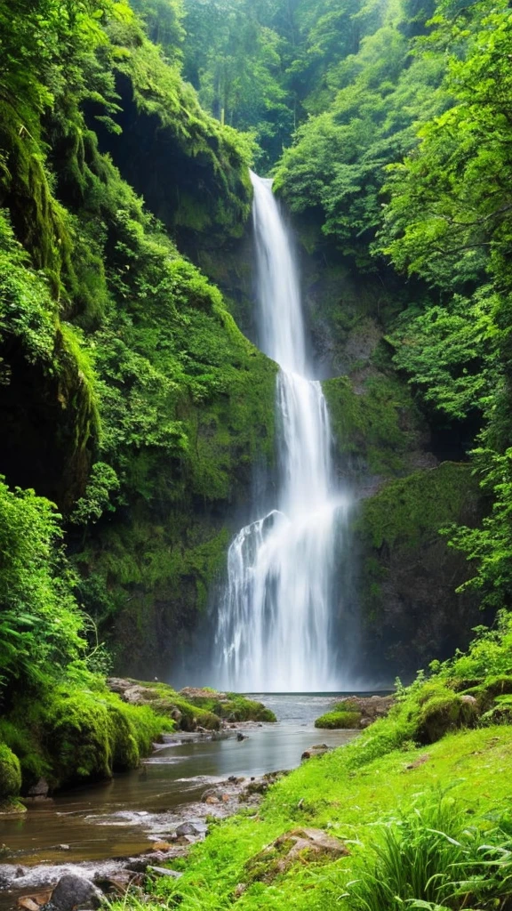 there is a waterfall in the middle of a lush green forest, forest and waterfall, lush and green, waterfall below, with waterfalls, an endless waterfall, water fall, with trees and waterfalls, with a waterfalls, stunning waterfall, peaceful beautiful waterfall, waterfall falling down, beautiful stunning waterfall, waterfall backdrop, mist from waterfall, lush forests, water falls, beautiful waterfall