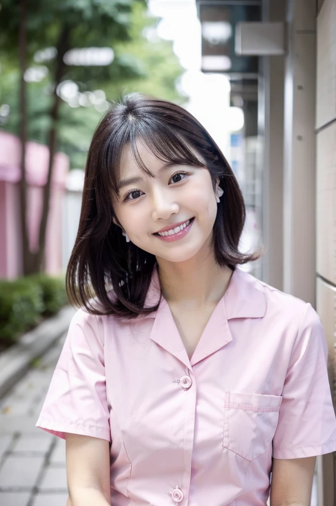 Dental hygienist wearing light pink nurse uniform Short sleeves Japanese Black hair Early 20s Female Upper body close-up smile Shooting outside Harmony々 No accessories 2 or more people