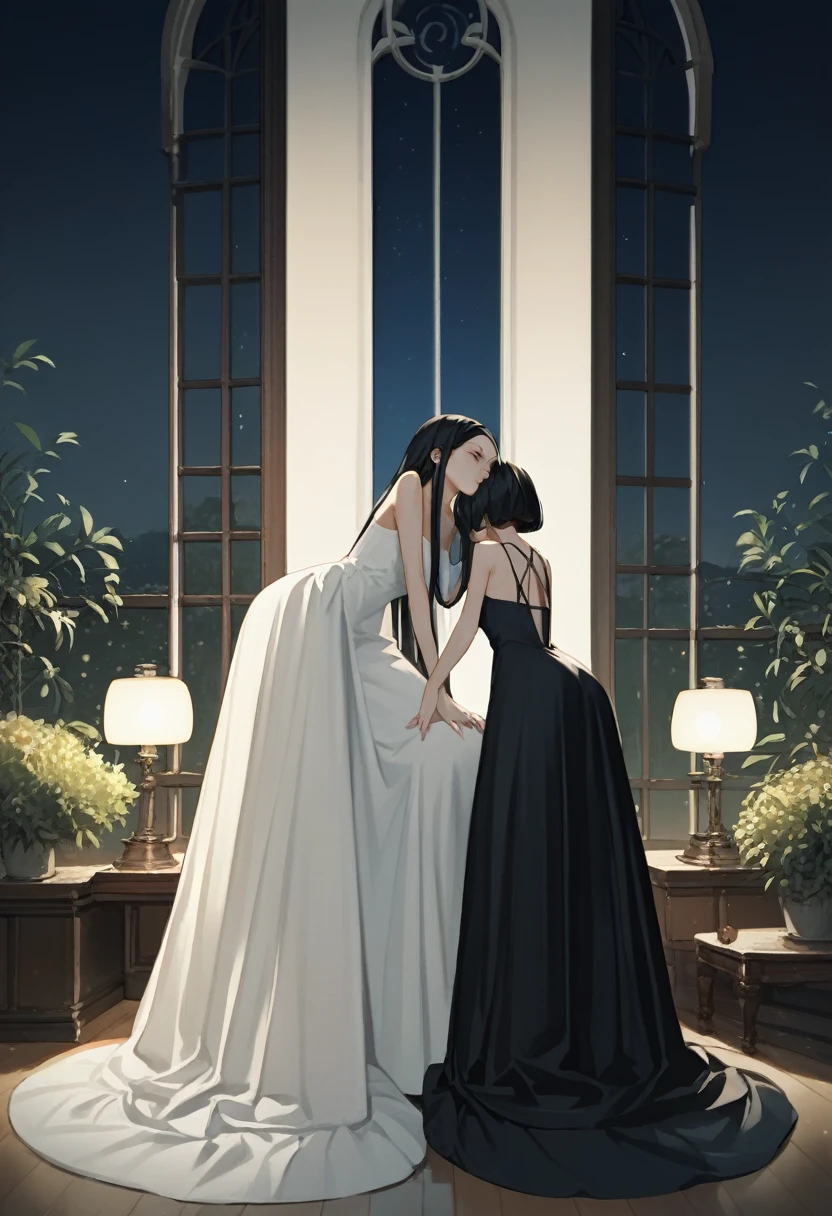 score_9, score_8_up, score_7_up, score_6_up, score_5_up, score_4_up, (source_anime), 2girls, (( white woman, long black hair, Long black dress, Long dress)), Low Illumination, Restless, night, A   hiden inside the dress, Bottom-up view, yuri, age diference, pussy lick