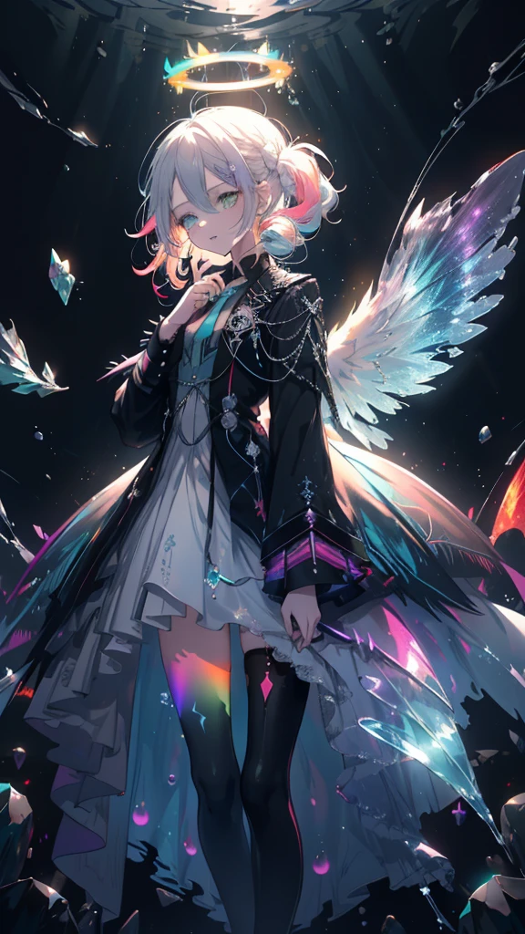 (Highest picture quality),(Masterwork),(ultra-detailed),(Detailed eye description:1.0),(lens flare:1.0),(movie poster:1.0),(Tarot border:1.0),the portrait is centered,(close-up:1.0),(negative space:0.8),(negative space:1.6),(solo),(floating colorful {wind|water magic|ink|crystals|ice|fire|flame|lightning|web|rocks|sand|particles|sparkles|blood}:1.0),(many colorful {soap bubbles|clouds|thorns|spikes|vines|currents|spirals|halos|wings|tattoos|cubes|octahedron}:1.0),(floating {red|green|blue|aqua|purple|yellow|black|white|grey|pink|orange|lime} {ribbons|feathers|particles|blades|droplets|snowflakes|soft balls}:1.0),({crystal|ice|fire|flame|wind|water|earth|stone|space|musical|sonic|vortex} {magic|wings}:1.0), ({ray tracing,glowing|dappled sunlight,light rays,caustics|night,black theme|mysterious,eerie|easygoing,pastel}:1.2), ({colorful|iridescent|multicolored}:1.0),(beautiful detailed glow:1.0),({leaning forward|leaning back|leaning to the side|}:1.2),{(smile:1.0)|(smirk:1.0)|(grim expression:1.0)},({small|small||lips,eyelashes}:1.0),{(open mouth:1.0)|(closed mouth:1.0)|},({eyelashes|eyeshadow||}),{one eye closed|||},({red|green|blue|aqua|purple|yellow|black|white|grey|pink|orange|lime} hair:1.4),({short|long|medium} hair:1.0),({from below|from above|from side|from behind|facing viewer}:1.3),(halo:1.3),(head tilt:1.0),(dynamic pose:1.1),(asymmetrical hair:1.2),({red|green|blue|aqua|purple|yellow|black|white|grey|pink|orange|lime} {armor|dress|collared shirt|suit|outfit}:1.0),({formal|military|techwear|urban style|casual,casual clothes|fantasy,magician|feral,tribal|sci-fi,futuristic}),({plaid skirt|layered skirt|puffy dress|tights|pants|shorts}),({red|green|blue|aqua|purple|yellow|black|white|grey|pink|orange|lime} {eyes|eyes|pupils}:1.4),{(forehead:1.5),asymmetrical bangs|diagonal bangs|hair between eyes|blunt bangs|swept bangs},{one eye covered|ponytail|high twintails|||},{straight hair|wavy hair|drill hair||},{long coat|suit jacket|cloak|sweater|tie||}