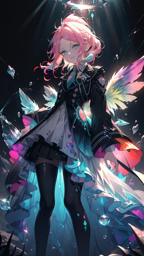(Highest picture quality),(Masterwork),(ultra-detailed),(Detailed eye description:1.0),(lens flare:1.0),(movie poster:1.0),(Tarot border:1.0),the portrait is centered,(close-up:1.0),(negative space:0.8),(negative space:1.6),(solo),(floating colorful {wind|water magic|ink|crystals|ice|fire|flame|lightning|web|rocks|sand|particles|sparkles|blood}:1.0),(many colorful {soap bubbles|clouds|thorns|spikes|vines|currents|spirals|halos|wings|tattoos|cubes|octahedron}:1.0),(floating {red|green|blue|aqua|purple|yellow|black|white|grey|pink|orange|lime} {ribbons|feathers|particles|blades|droplets|snowflakes|soft balls}:1.0),({crystal|ice|fire|flame|wind|water|earth|stone|space|musical|sonic|vortex} {magic|wings}:1.0), ({ray tracing,glowing|dappled sunlight,light rays,caustics|night,black theme|mysterious,eerie|easygoing,pastel}:1.2), ({colorful|iridescent|multicolored}:1.0),(beautiful detailed glow:1.0),({leaning forward|leaning back|leaning to the side|}:1.2),{(smile:1.0)|(smirk:1.0)|(grim expression:1.0)},({small|small||lips,eyelashes}:1.0),{(open mouth:1.0)|(closed mouth:1.0)|},({eyelashes|eyeshadow||}),{one eye closed|||},({red|green|blue|aqua|purple|yellow|black|white|grey|pink|orange|lime} hair:1.4),({short|long|medium} hair:1.0),({from below|from above|from side|from behind|facing viewer}:1.3),(halo:1.3),(head tilt:1.0),(dynamic pose:1.1),(asymmetrical hair:1.2),({red|green|blue|aqua|purple|yellow|black|white|grey|pink|orange|lime} {armor|dress|collared shirt|suit|outfit}:1.0),({formal|military|techwear|urban style|casual,casual clothes|fantasy,magician|feral,tribal|sci-fi,futuristic}),({plaid skirt|layered skirt|puffy dress|tights|pants|shorts}),({red|green|blue|aqua|purple|yellow|black|white|grey|pink|orange|lime} {eyes|eyes|pupils}:1.4),{(forehead:1.5),asymmetrical bangs|diagonal bangs|hair between eyes|blunt bangs|swept bangs},{one eye covered|ponytail|high twintails|||},{straight hair|wavy hair|drill hair||},{long coat|suit jacket|cloak|sweater|tie||}