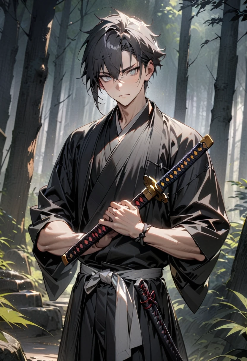 man with calm face ,Male Dark, dark Woods,Red, White & Black color clothes, gray eyes, short black hair, black japanese hanten,samurai dnd, forest shrine background, katana on waist, masterpiece, detailed hands, detailed image