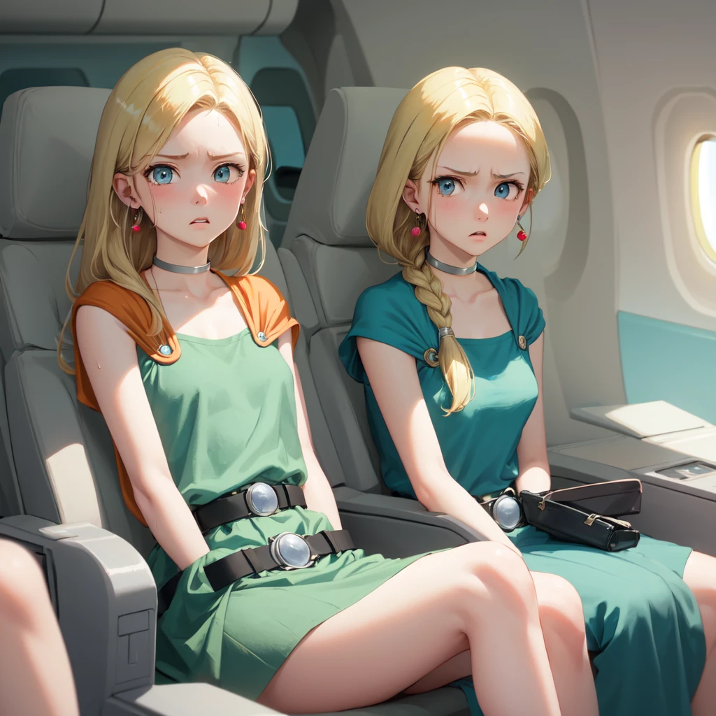 masterpiece, Highest quality, DQ Bianca, 1 person, Single Blade, Earrings, choker, Orange Cape, Green Dress, belt, Small breasts, 1 personで, plane, Sitting, Upper Body, hot, Sweating a lot, Wipe away sweat, looking at the camera, angry