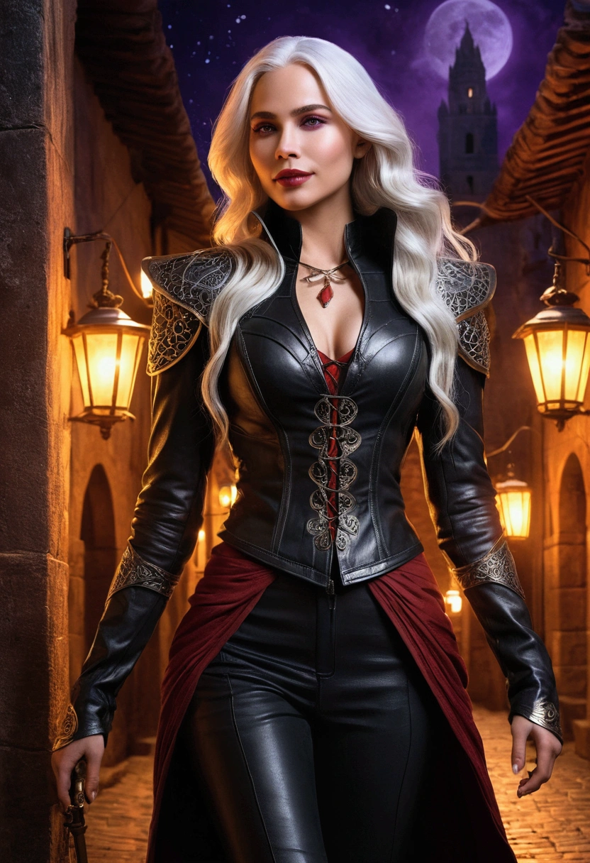 A captivating digital illustration of a Targaryen woman, exuding sophistication and power in her black leather outfit adorned with golden and red accents, and high-boots with laces. Her long, silver-lacquered hair reaches her shoulders, her violet eyes pierce through the darkness, and her full lips curve into a confident smile. The ancient city at night is illuminated by the soft glow of lanterns and torches, adding a mystical ambiance to the scene. whith her back to the camara The artwork masterfully combines fantasy and historical elements, highlighting the artist's exceptional talent and unique style., typography