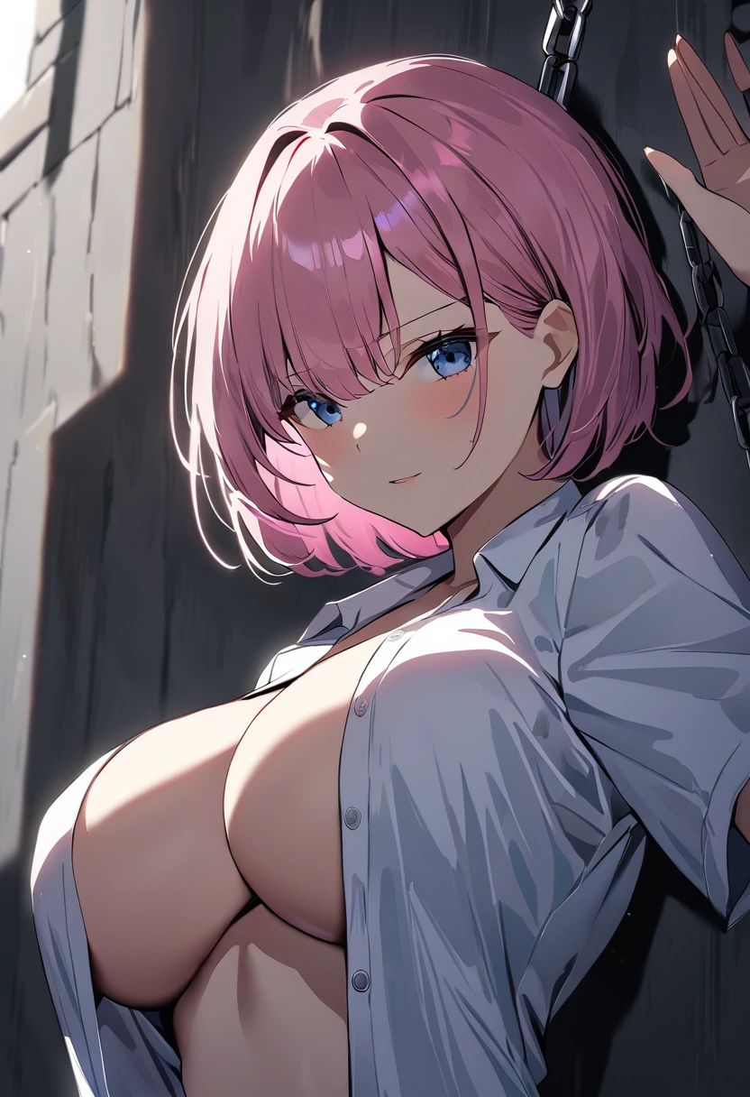 One Girl, short hair, Pink Hair, (Large Breasts), 
(Highest quality, High resolution, 4K, Detailed lighting, Shaders), 

Chained, Raise the hand,  
Concrete Background, Lie in, 

School uniforms, Open shirt, Upper Body,