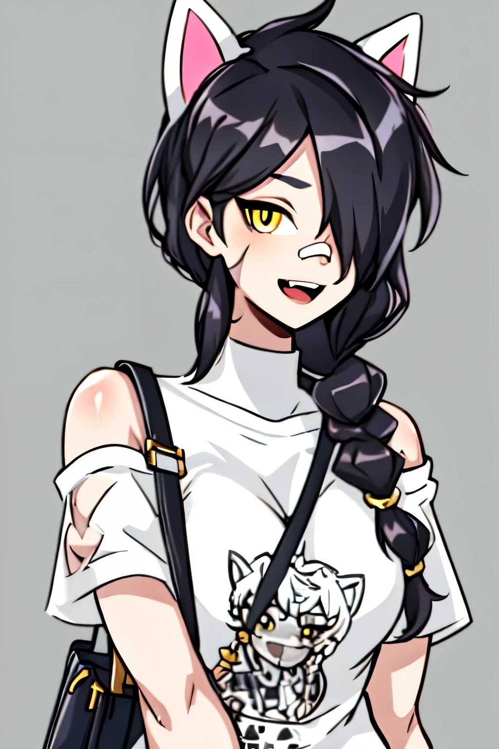 1girl, solo, long hair, looking at viewer, black hair, bandaid on face, yellow eyes, animal ears, smile, bandaid on nose, braid, cat ears, bandaid, bangs, breasts, fake animal ears, simple background, open mouth, fang, bare shoulders, scar, teeth, shirt, bare shoulders, white shirt, short sleeves, closed mouth, t-shirt, hair over one eye, portrait, bag, hair over shoulder, shorts, fullbody shot, cute, messy hair