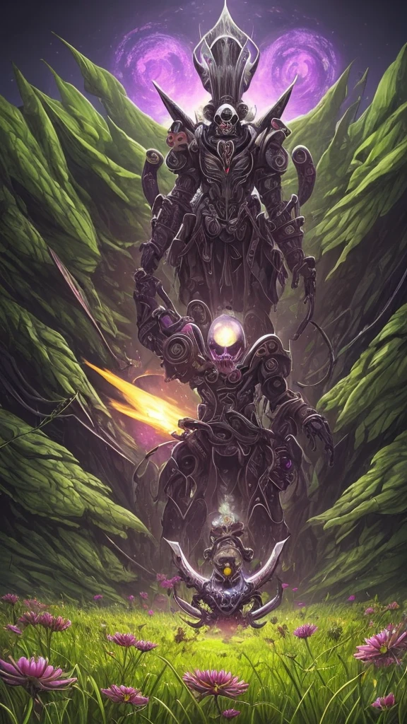 purple flower in a field of dead grass with a skull in the background, concept art by Chris Rahn, deviantart, conceptual art, black lotus, dark flower shaman, alien flower, lolth, waterlily mecha nymphaea, lotus, 🌺 cgsociety, obsidian pomegranade, aura of power. detailed, alien flora, purple glowing core in armor