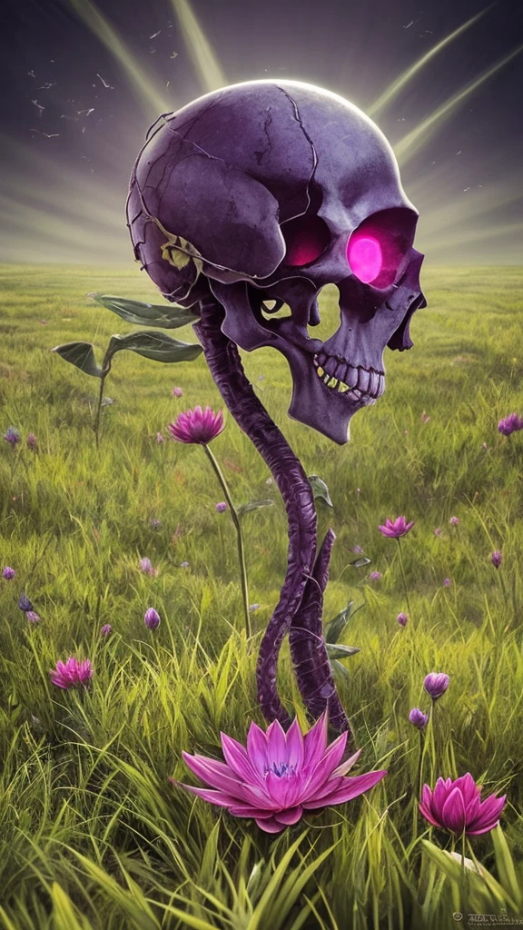 purple flower in a field of dead grass with a skull in the background, concept art by Chris Rahn, deviantart, conceptual art, black lotus, dark flower shaman, alien flower, lolth, waterlily mecha nymphaea, lotus, 🌺 cgsociety, obsidian pomegranade, aura of power. detailed, alien flora, purple glowing core in armor