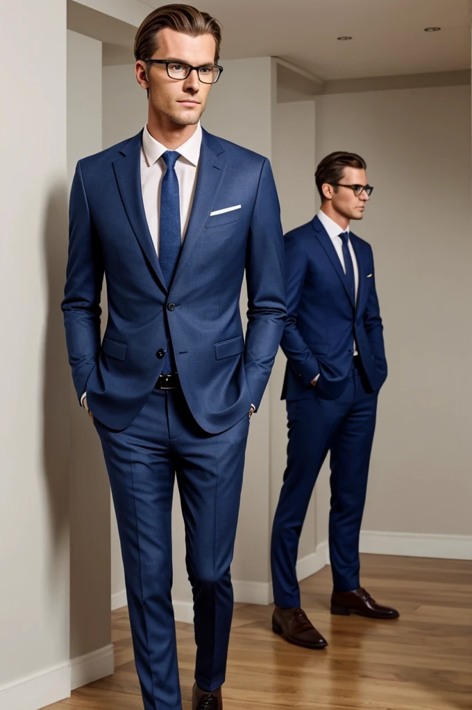 Full length photo of a tall male model in a suit posing with one hand in his pocket and the other above his collar, wearing glasses and looking to the right.