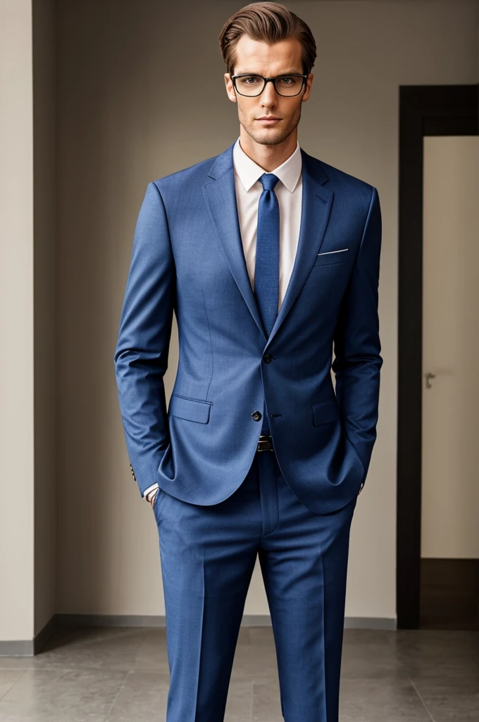 Full length photo of a tall male model in a suit posing with one hand in his pocket and the other above his collar, wearing glasses and looking to the right.