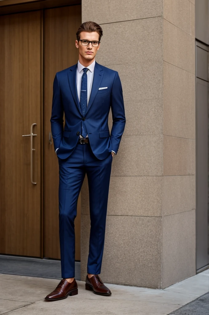 Full length photo of a tall male model in a suit posing with one hand in his pocket and the other above his collar, wearing glasses and looking to the right.