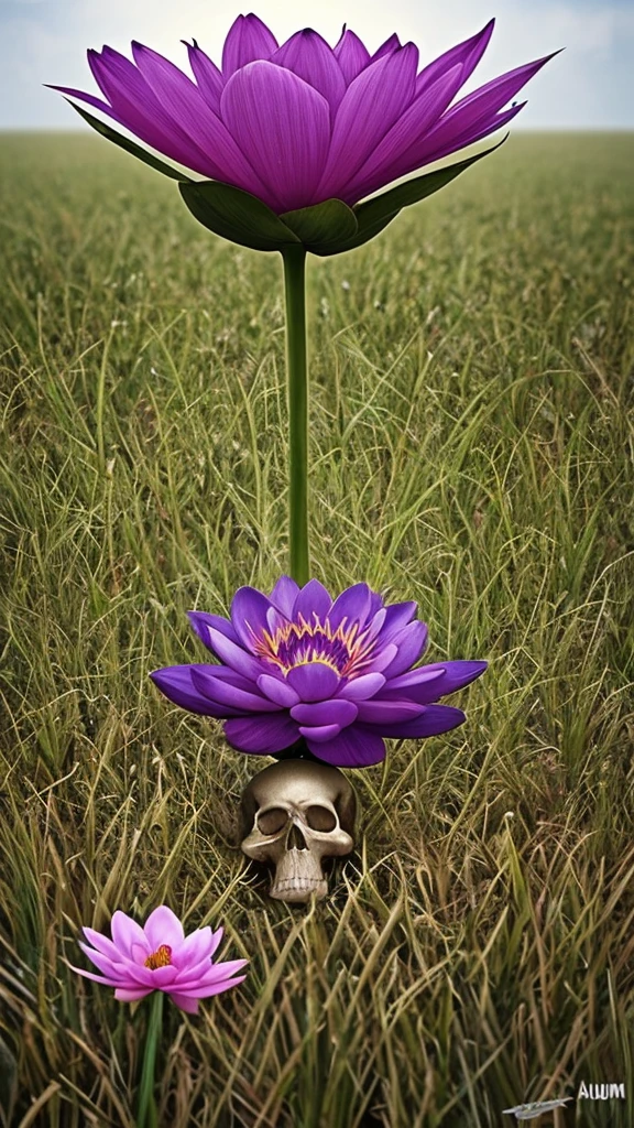 purple flower in a field of dead grass with a skull in the background, concept art by Chris Rahn, deviantart, conceptual art, black lotus, dark flower shaman, alien flower, lolth, waterlily mecha nymphaea, lotus, 🌺 cgsociety, obsidian pomegranade, aura of power. detailed, alien flora, purple glowing core in armor