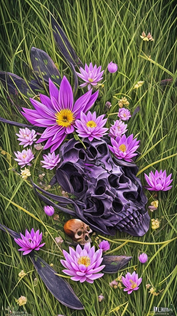 purple flower in a field of dead grass with a skull in the background, black lotus, dark flower shaman, alien flower, lolth, waterlily mecha nymphaea, lotus, 🌺 cgsociety, obsidian pomegranade, aura of power. detailed, alien flora, purple glowing core in armor, flowercore, artistic depiction, bloom. high fantasy