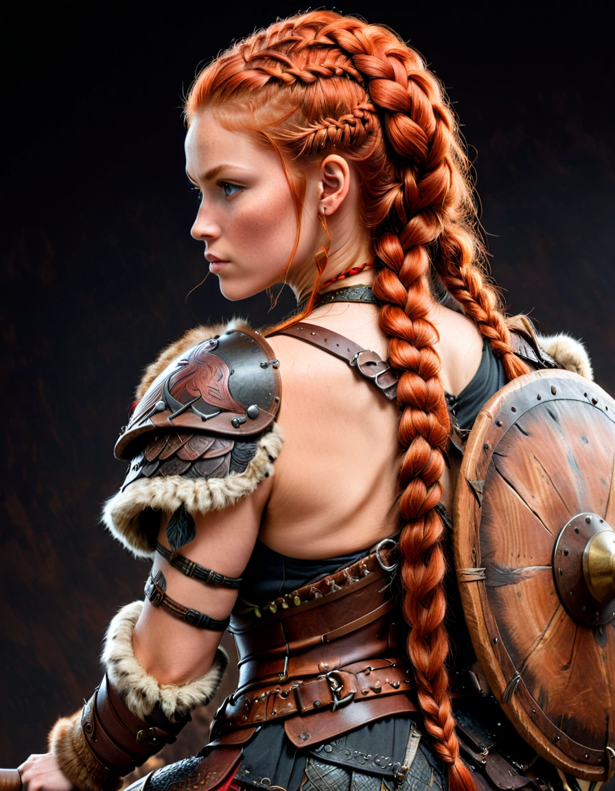 close-up，back view，A digital illustration of A female warrior， long red braided hair , Carved Viking Tomahawk on her shoulder ，a round wooden shield on her back. she wearing dark fur and leather armor ,sitting on horse back with a belt that has a pouch attached. 