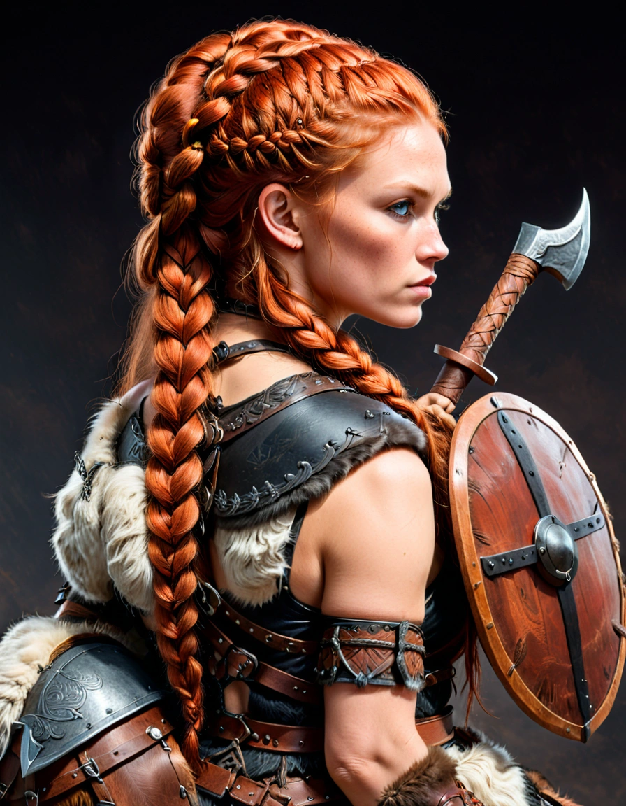 close-up，back view，A digital illustration of A female warrior， long red braided hair , Carved Viking Tomahawk on her shoulder ，a round wooden shield on her back. she wearing dark fur and leather armor ,sitting on horse back with a belt that has a pouch attached. 